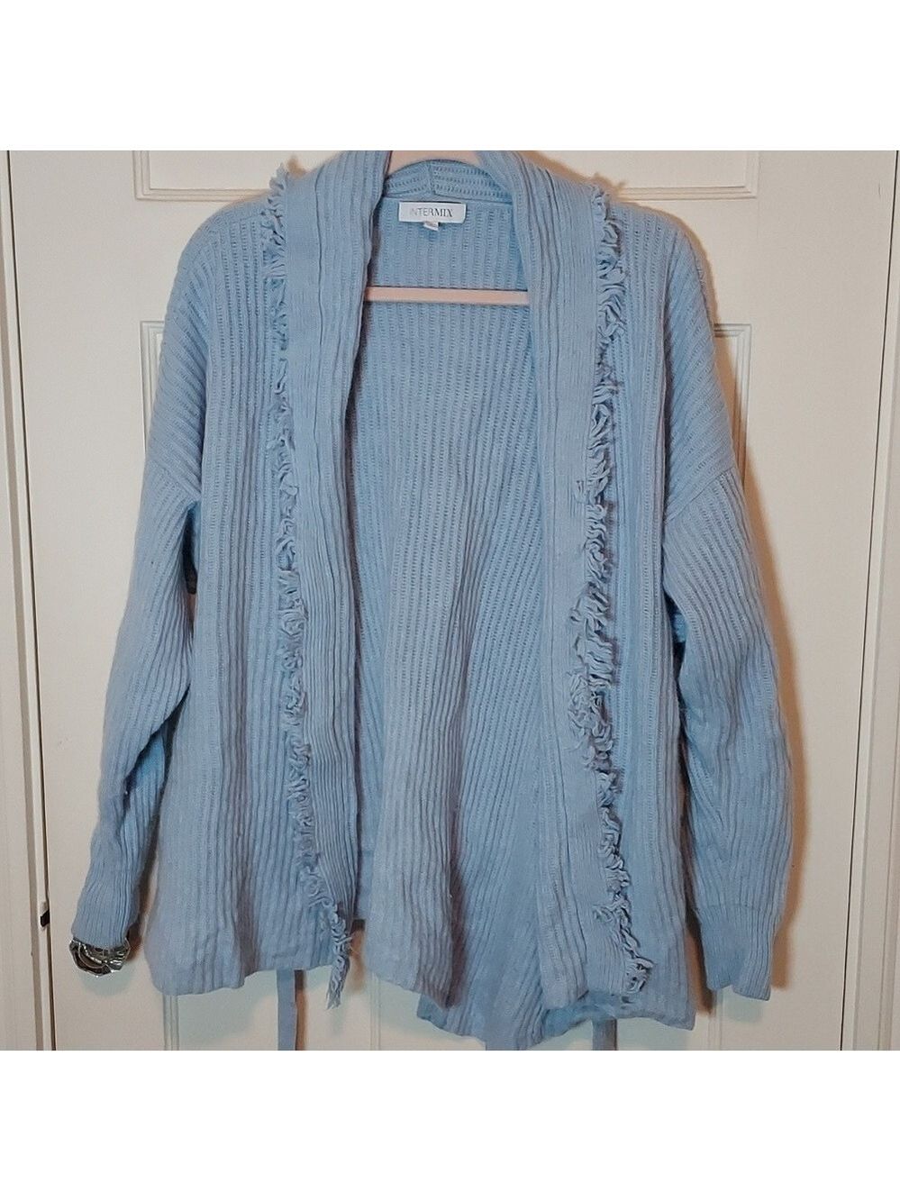 INTERMIX Adrianna Wool/Cashmere Blend Wrap Cardigan in Light Blue